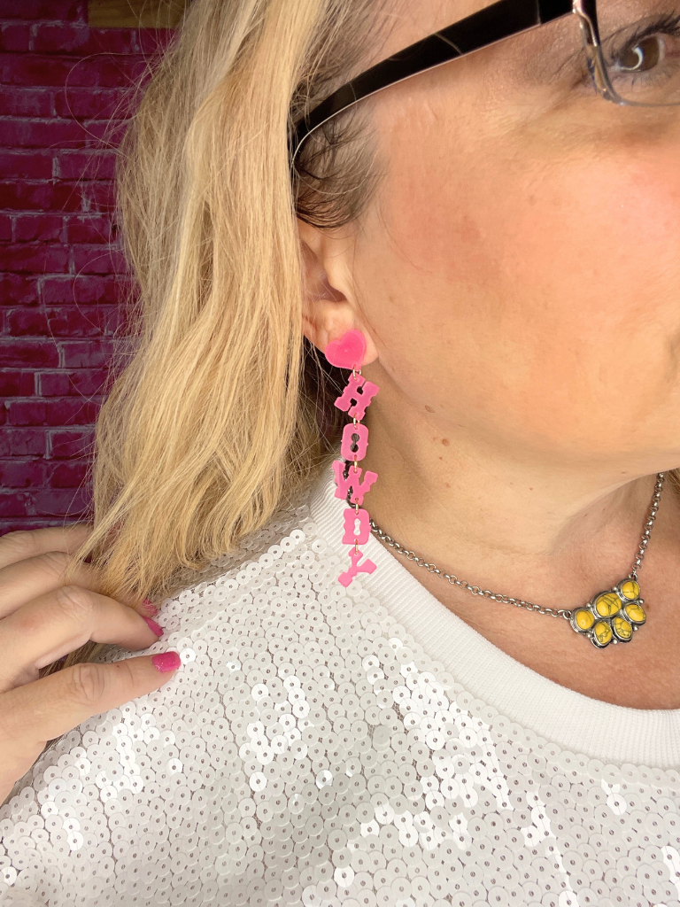 Pink Acrylic Howdy Earrings