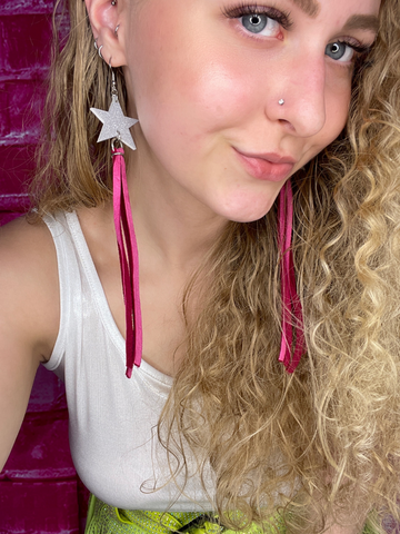 Glitter Star Earrings w/Pink Tassel