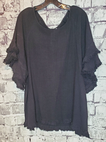 linen top shirt blouse frayed edge ruffle sleeves women's clothing apparel clothes shop boerne pixie boutique online or in store san antonio texas hill country